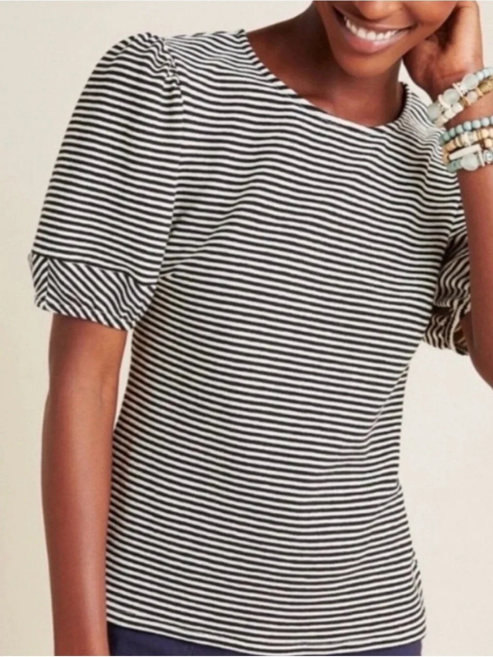 Anthropologie Black and White Striped Puff Sleeve Top
